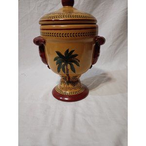 Palm Tree Urn Jar Lidded Tapered Ceramic Crackle